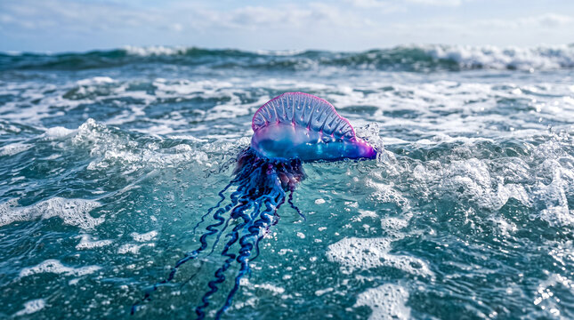 Carabela portuguesa navegando entre peque&ntilde;as olas del oc&eacute;ano con espuma marina. Fotograf&iacute;a de acci&oacute;n natural, enfoque selectivo y gran realismo, calidad 8K.
