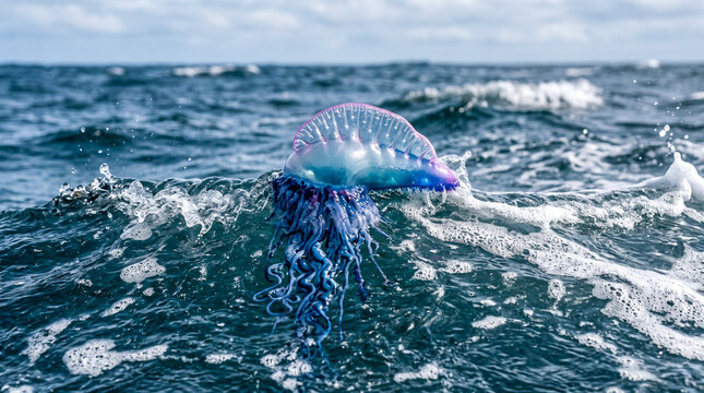 Carabela portuguesa navegando entre peque&ntilde;as olas del oc&eacute;ano con espuma marina. Fotograf&iacute;a de acci&oacute;n natural, enfoque selectivo y gran realismo, calidad 8K.
