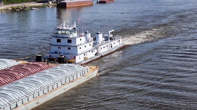 Tug boat pushing a set of barges North up  the Mississippi River