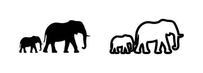 Elephant family icon set. Mother and baby elephant silhouettes and outline symbols. © liubomir118809