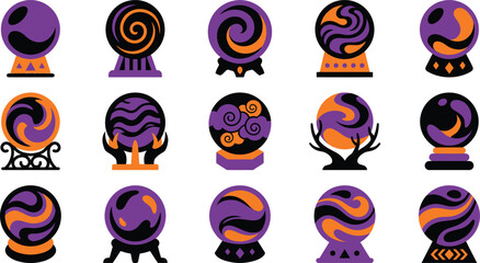 Set of halloween magic crystal balls with mystical purple and orange swirls on various stands © JG CREATIVES