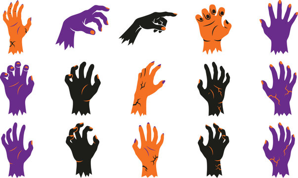 Set of colorful zombie hands and monster arms for halloween party design and scary decorations