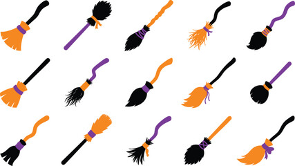 Collection of colorful witch broomsticks for halloween holiday decorations and magic themes © JG CREATIVES