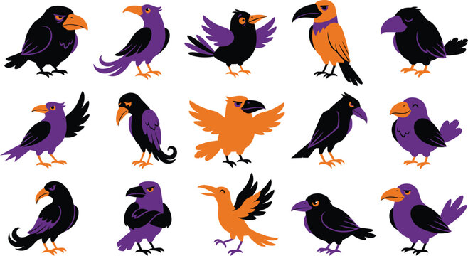 Set of cute cartoon crows and ravens in different poses with purple and orange colors