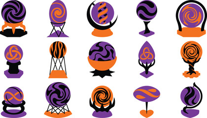 Set of abstract crystal balls and magical spheres on decorative stands with purple and orange colors © JG CREATIVES
