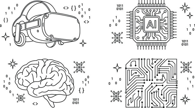 Artificial Intelligence and Virtual Reality Line Art Vector Set with AI Processor, Human Brain, Circuit Board, and VR Headset Icons for Tech Branding