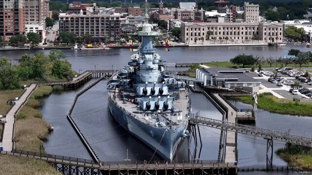 Aerial View of USS North Carolina BB-55 Battleship Museum on public display in Wilmington