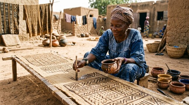 Malian Mud Cloth Artist Painting Traditional Bogolan Fabric with Natural Earth Pigments