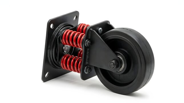 Heavy duty caster wheel with red spring suspension side view.