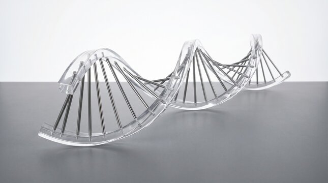 Transparent and metallic DNA double helix model representing genetic code and scientific research on a grey background.