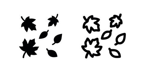 Fototapeta premium Autumn leaves icon, falling foliage and seasonal nature symbol. Maple and diverse leaf shapes. Black and outline versions.
