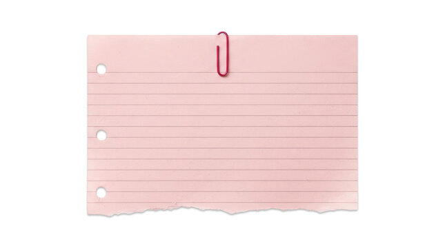 Torn pink index card with red paperclip isolated on transparent background