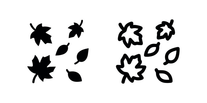 Autumn leaves icon, falling foliage and seasonal nature symbol. Maple and diverse leaf shapes. Black and outline versions.