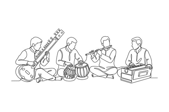 A continuous line drawing of four Indian musicians playing traditional instruments together.