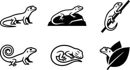 Obraz premium Black and white stylized lizard icons in various poses and settings