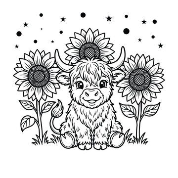 Cute baby highland cow with sunflowers coloring page for kids and adults vector outline illustration