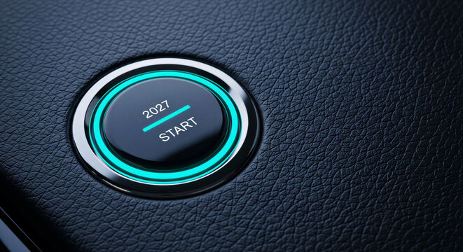 Futuristic 2027 start button with glowing cyan light, modern ignition button on black leather texture, conceptual new year beginning