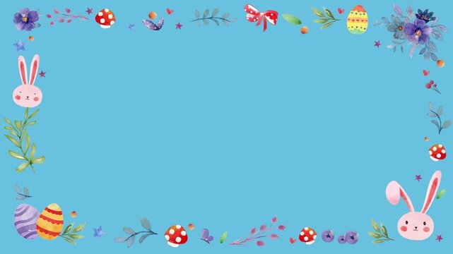 Easter frame features colorful eggs and cute bunnies arranged on a solid light blue background.