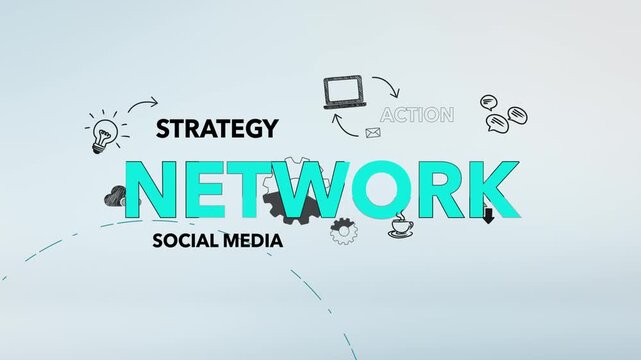 Network Cyan Typography with Strategy, Social Media, Action Words