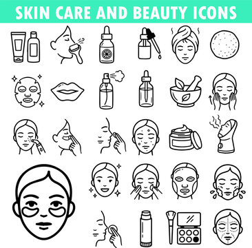 Skin care and beauty icons set, black line art facial treatment symbols, 25 cosmetic procedure vector elements for spa and wellness branding