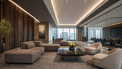 Fototapeta premium Contemporary corporate lounge area with soft seating and modern furniture interior corporate furniture architecture business building contemporary commercial spacious professional