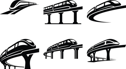 A monorail gliding along a single elevated track bundle silhouette icon vector art illustration © MohammadZiaul