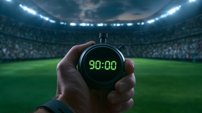 Human hand holding a modern black digital stopwatch displaying 90 minutes during a bright professional stadium soccer match at night