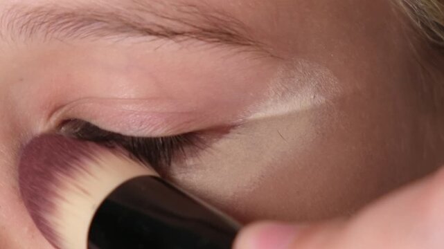 Close-up of blending concealer under the eye with a brush.