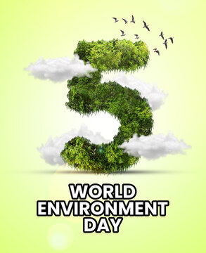 A powerful visual for World Environment Day on June 5th, featuring a lush green landscape with a focus on biodiversity and environmental protection.