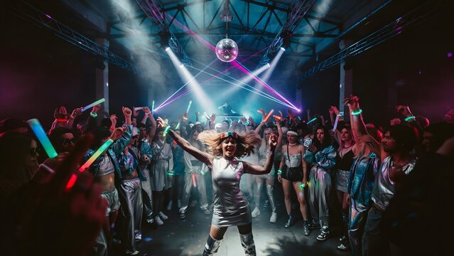 Energetic nightclub party with dancing crowd, colorful lights, and a central disco ball under vibrant stage lighting