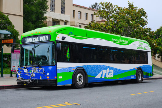 San Luis Obispo, CA, USA - June 16, 2026; San Luis Obispo Regional Transit Authority zero emisson bus by Giillig on city street