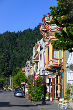 Ferndale, CA, USA - June 13, 2026; Main Street in Ferndale Northern California with Victorian oriel bay windows on upper floors