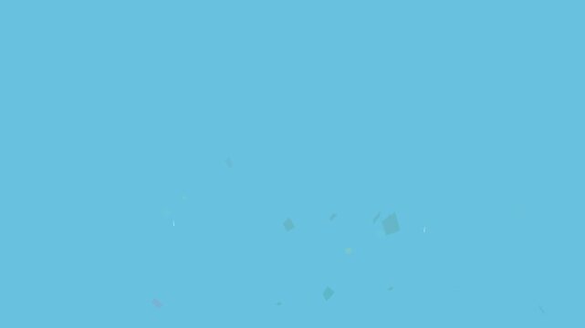 Confetti pieces scatter in the air against a solid light blue background for a celebratory event.