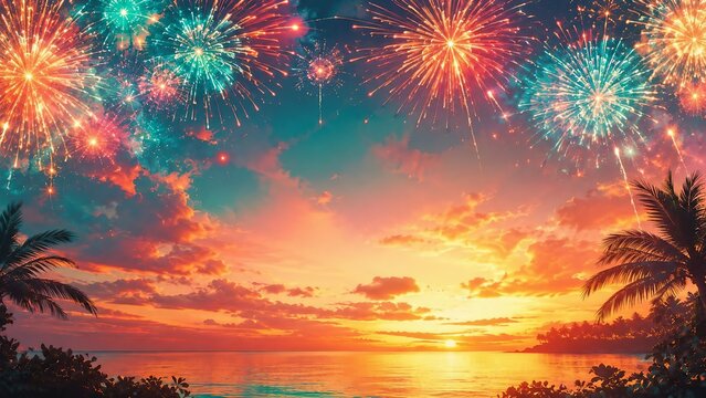 Tropical Sunset Fireworks Celebration Over Ocean with Palm Trees Panoramic Background