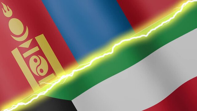 Two waving flags Kuwait and Mongolia with diagonal lightning seamless, 4k loop