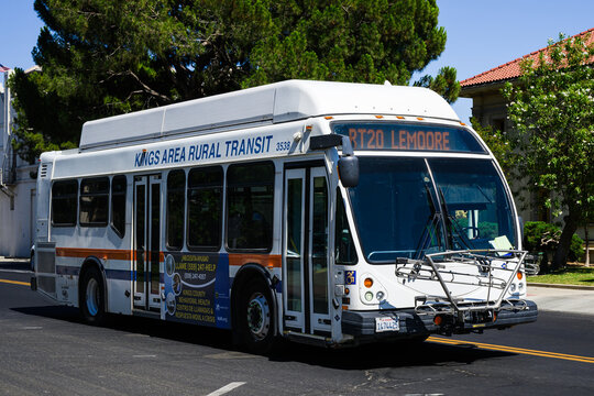 Hanford, CA, USA - June 16, 2026; Kings Area Rural Transit bus on RT20 to Lemoore on California city street