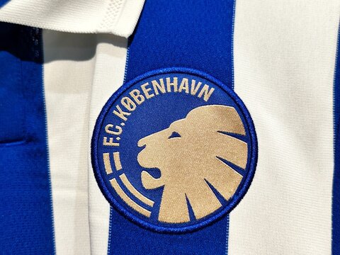 Photo of the embroidered emblem of Football Club Copenhagen on the 2025&ndash;2026 150th anniversary kit. FC K&oslash;benhavn is a Danish professional football club based in &Oslash;sterbro, Copenhagen. 