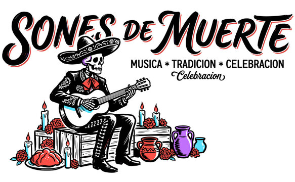Day of the Dead skeleton musician playing guitar with traditional elements for festive celebration t-shirt design and poster artwork