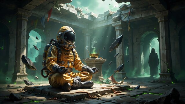 Astronaut Meditating in Ruined Temple with Floating Papers and Sun Rays