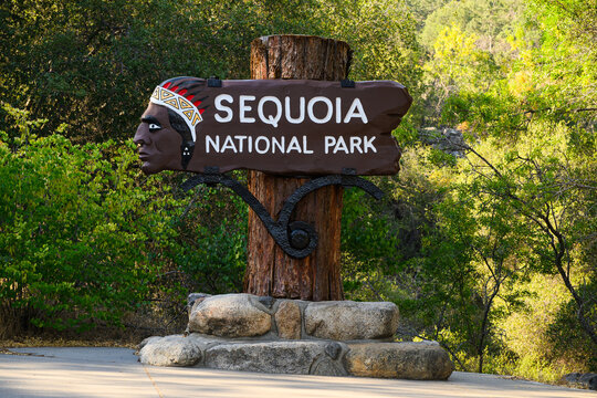 Three Rivers, CA, USA - June 16, 2026; Sequoia National Park historic sign at Ash Mountain Entrance with name and Indian head image by George Muno