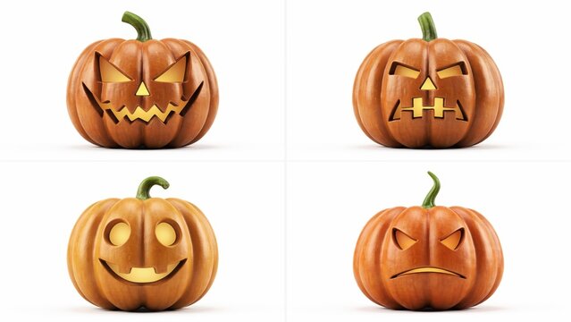 Four glowing jack-o-lantern pumpkins with various scary carved facial expressions