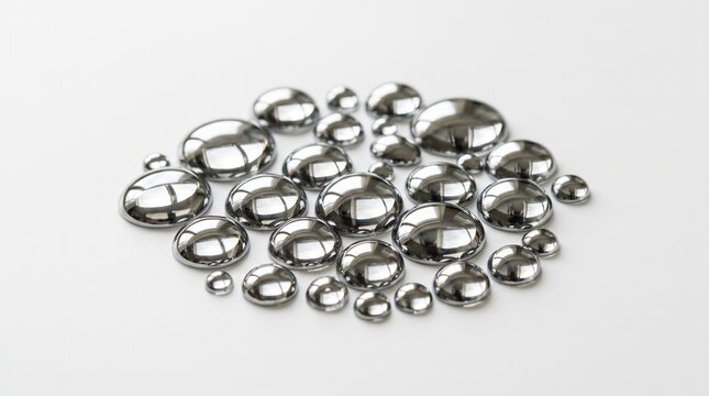 Liquid mercury droplets, shiny metallic silver spheres of quicksilver, toxic chemical element beads for scientific research isolated PNG with Transparent Background