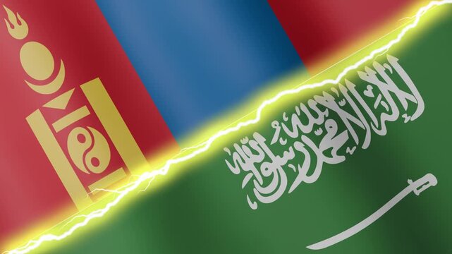 Two waving flags Saudi Arabia and Mongolia with diagonal lightning seamless, 4k loop