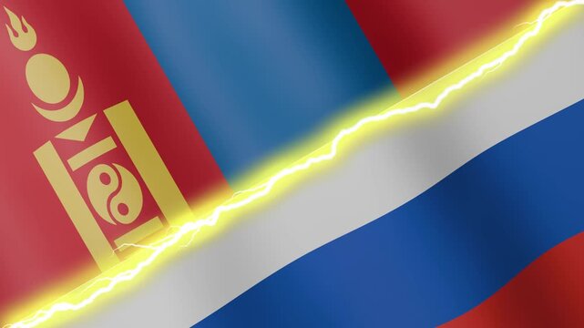 Two waving flags Russia and Mongolia with diagonal lightning seamless, 4k loop