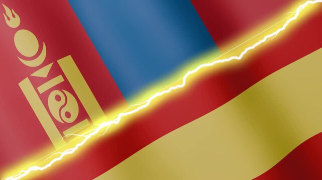 Two waving flags Spain and Mongolia with diagonal lightning seamless, 4k loop