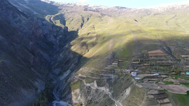 Aerial View of Remote Mountain Farms in the Indian Himalayas