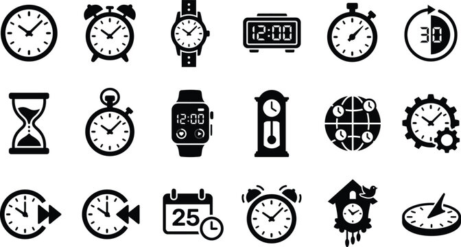 Set of diverse clock icons and illustrations