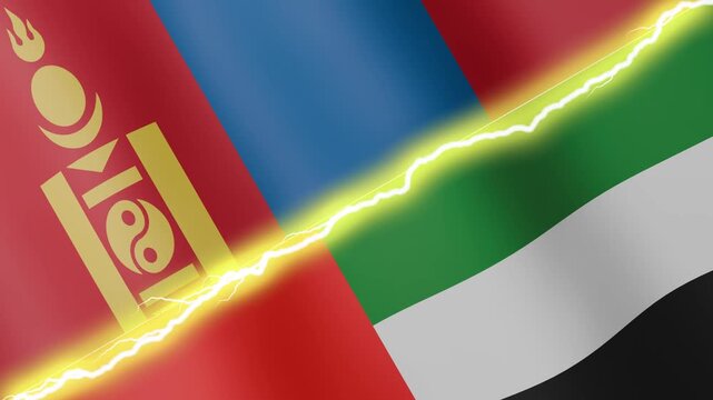 Two waving flags United Arab Emirates and Mongolia with diagonal lightning seamless, 4k loop