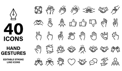 Fototapeta premium Hand Gestures Outline Icons Set – Handshake, High Five and Fist Bump Editable Stroke Vector Collection