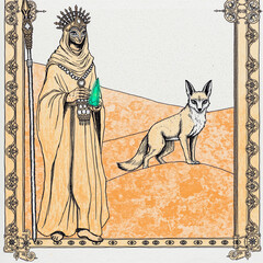 Fototapeta premium Vintage fantasy illustration of a masked desert priestess holding a glowing green crystal with a fox companion on sand dunes.